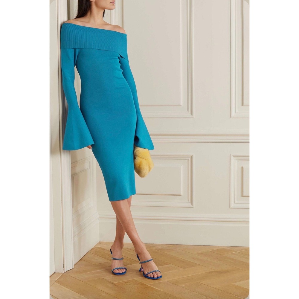 Solace London Blue flare bell sleeve off the shoulder dress M formal bodycon art